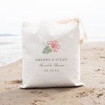 Island Hibiscus Destination Wedding Favor Tote Bag<br><div class="desc">Canvas tassen van de eilandengroep maken geweldige welkomstzakken of gunsten voor je doelbruiloft of Hawaii bruiloft! Het tropische ontwerp is voorzien van één enkele hibiscus-bloem in levendig koraal met zachte groene bladeren,  met uw namen,  trouwdatum en trouwlocatie onder in donkere taupenblokjes en scriptletters.</div>