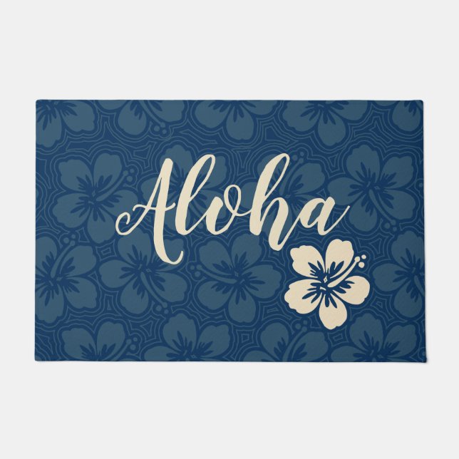 Island Hibiscus Hawaiian Pinstriped Floral Aloha Deurmat (Voorkant)