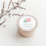 Island Hibiscus Wedding Ronde Sticker<br><div class="desc">IJslandse gepersonaliseerde stickers zijn ontworpen om te passen aan ons collectie voor de bruiloft van Hibiscus op het eiland,  met de namen van de echtgenoten in elegant taupe lettering met een tropische hibiscus-bloem in koraal en groen.</div>