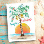 Island Holiday Tropical Beach Palm Kerstmis Kaart<br><div class="desc">Met een platte kerstkaart met tropisch strandthema is een eiland in de zon voorzien van een palmboom met een versiering van het moeraslicht en het ornament en een "prettige feestdagen" groet. Art door KL Stock</div>