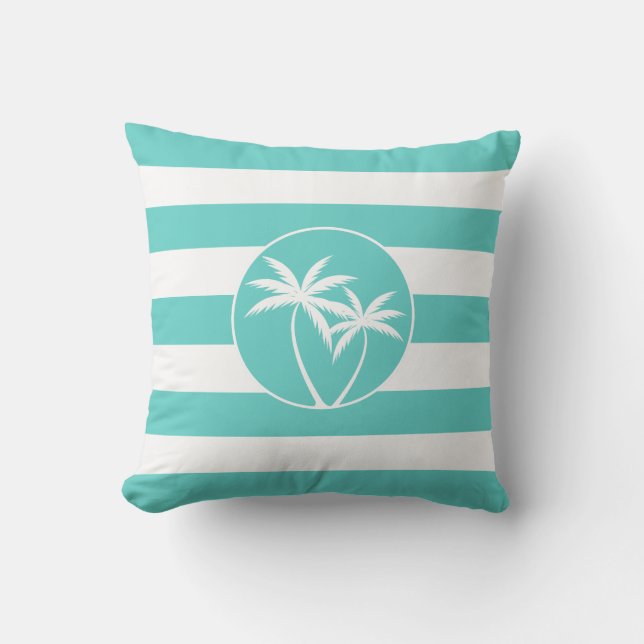 Island Palms Beach Life op Aqua Stripes Patroon Kussen (Voorkant)