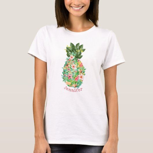 Island Pineapple Tropical Floral Persoonlijke naam T-shirt (Voorkant)