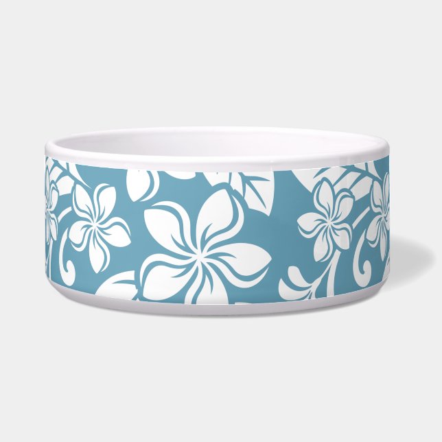 ISLAND PLUMERIA (SLATE BLUE) Ceramic Pet Bowl. Voerbakje (Voorkant)