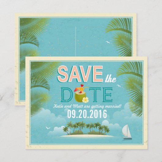 Island Resort Beach Destination Bewaar de datum Aankondigingskaart (Voorkant / Achterkant)