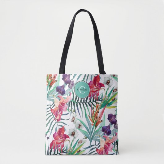 Island Style Tropical Floral Pattern en Monogram Tote Bag (Voorkant)