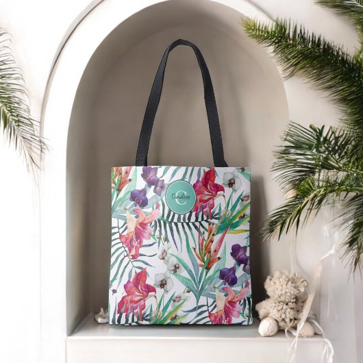 Island Style Tropical Floral Pattern en Monogram Tote Bag