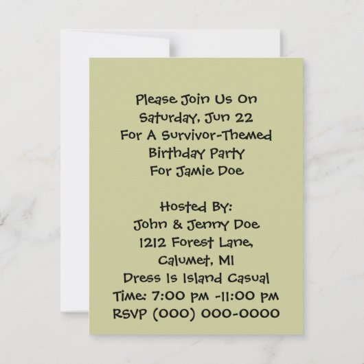 Island Survivor Fun Thleed Party Invitations Kaart (Achterkant)