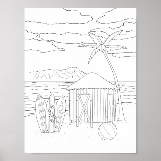 Island Tiki Hut Adult Coloring Poster (Voorkant)