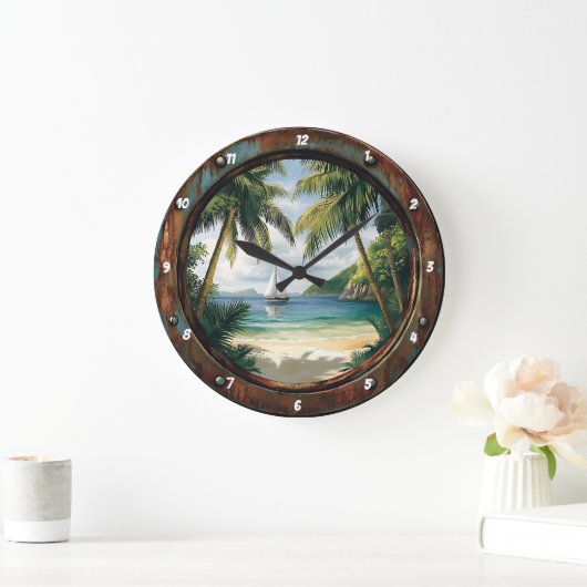 Island Time" - Nautisch venster Tropisch strand Grote Klok (Huis)