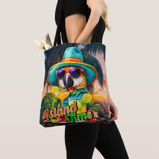 Island Time Sunset Beach Parrot Drinken Tote Bag (Dichtbij)