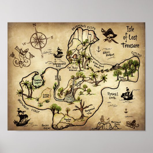 Isle of Lost Treasure Map met Jolly Roger Poster (Voorkant)