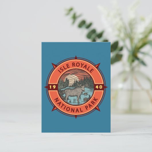 Isle Royale National Park Moose Retro Compass Briefkaart (Staand voorkant)