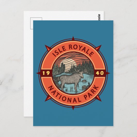 Isle Royale National Park Moose Retro Compass Briefkaart (Voorkant / Achterkant)
