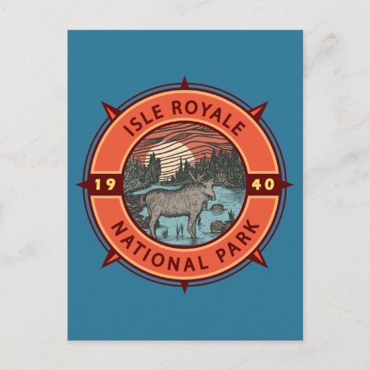 Isle Royale National Park Moose Retro Compass Briefkaart (Voorkant)