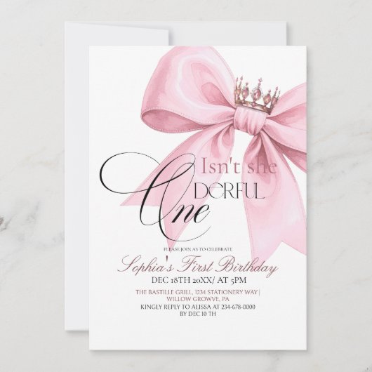 Isn't she Onederful Pink Bow 1st Birthday Party Kaart (Voorkant)