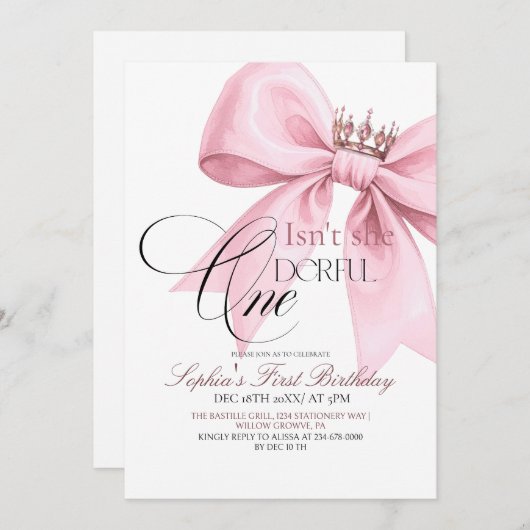 Isn't she Onederful Pink Bow 1st Birthday Party Kaart (Voorkant / Achterkant)