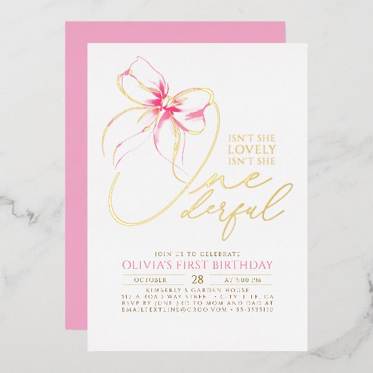 Isn't She Onederful Pink Bow Elegant 1st Birthday Folie Uitnodiging (Voorkant / Achterkant)