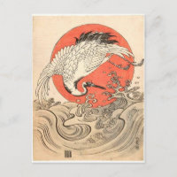 Isoda Koryusai - Crane, Waves en Rising Sun