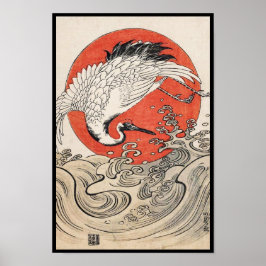 Isoda Koryusai Crane Waves en stijgende zon Poster