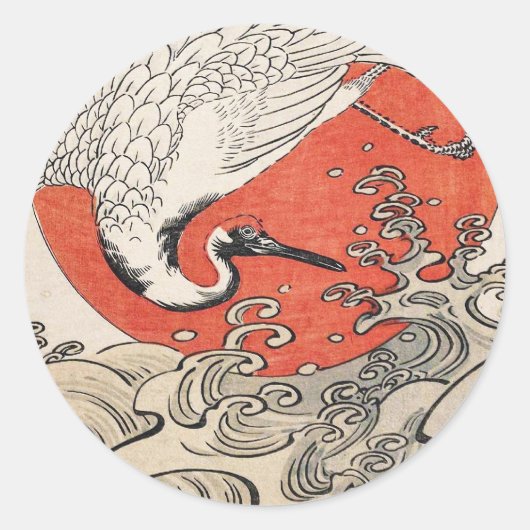 Isoda Koryusai Crane Waves en stijgende zon Ronde Sticker (Voorkant)
