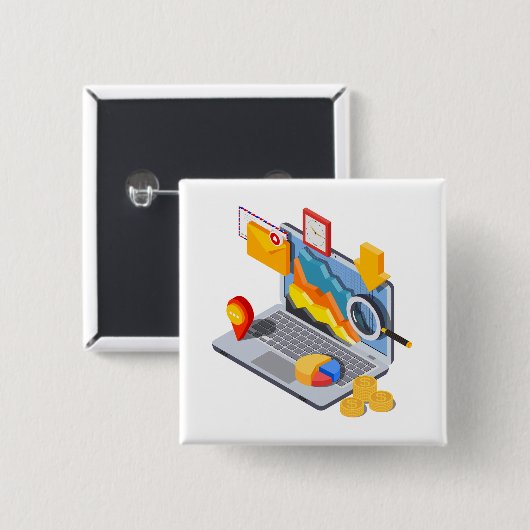 Isometric Business Data Analytics Laptop Vierkante Button 5,1 Cm (Voorkant /achterkant)