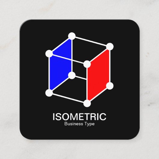 Isometrische kubus - wit, blauw en rood op zwart vierkante visitekaartje (Voorkant)