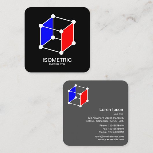 Isometrische kubus - wit, blauw en rood op zwart vierkante visitekaartje (Voorkant / Achterkant)