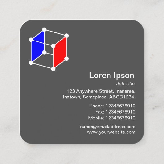 Isometrische kubus - wit, blauw en rood op zwart vierkante visitekaartje (Achterkant)