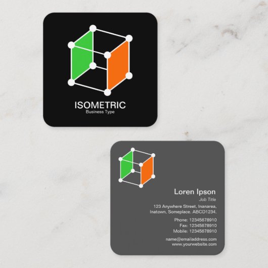 Isometrische kubus - wit, groen en Sinaasappel op Vierkante Visitekaartje (Voorkant / Achterkant)