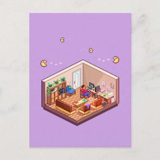 Isometrische Pixel Art Gaming PC Room Briefkaart (Voorkant)