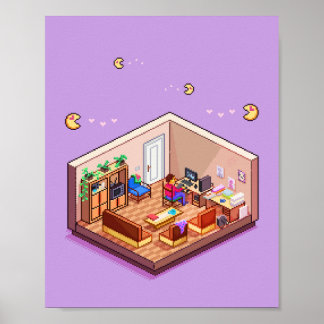 Isometrische Pixel Art Gaming PC Room Poster