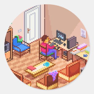 Isometrische Pixel Art Gaming PC Room Ronde Sticker