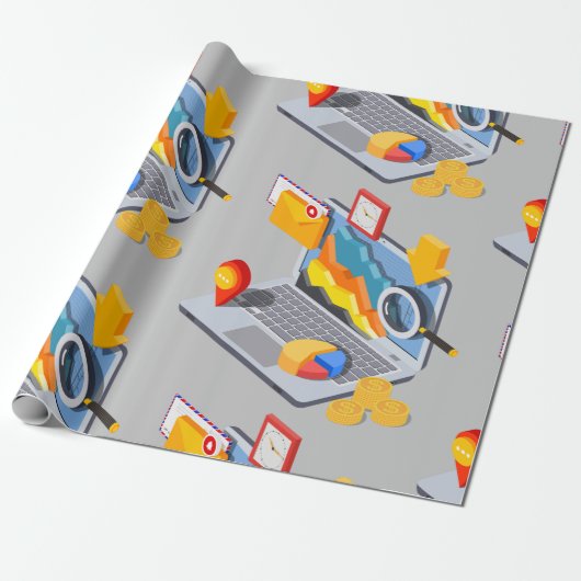 Isometrische Zakelijke Data-analyse Laptop Cadeaupapier (Uitgerold)