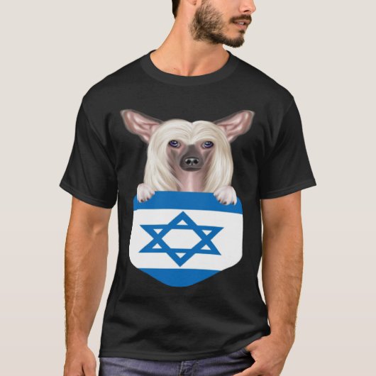 Israel Flag Chinese Crested Dog In Pocket T-shirt (Voorkant)