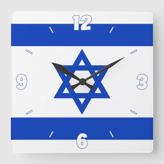 Israel Flag Star of David Blue White Numbers Vierkante Klok (Voorkant)
