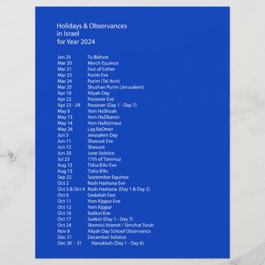 Israël Kalender 2024 | Feestdagen & Waarnemingen (Achterkant)