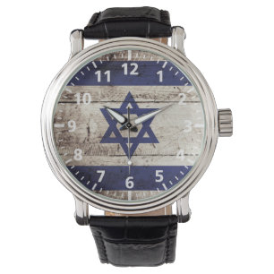 Israëlische vlag op oude houten graan horloge