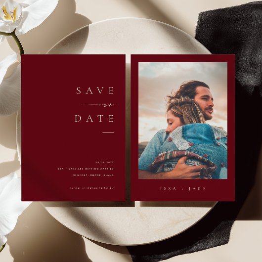 ISSA Bugundy Elegant Save the Date Photo Invite Kaart