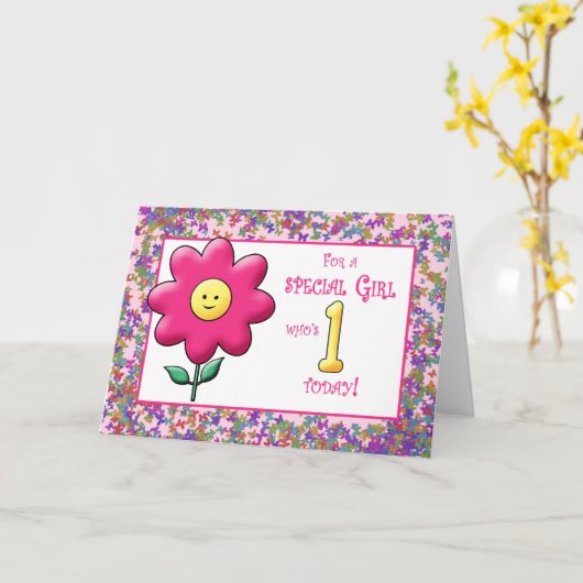 Ist Birthday schattige roze bloem en Kaart (Gele Bloem)