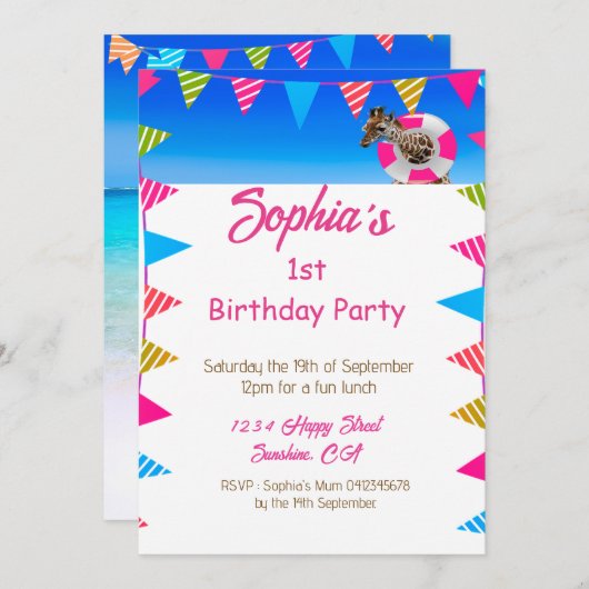 Ist Verjaardag Kust Schattigee Giraffe Flag Buntin Kaart (Voorkant / Achterkant)