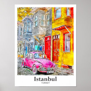 Istanboel Turkije Travel Waterverf Hand getekend Poster