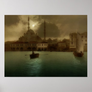 Istanbul in maanlicht schilderij Poster