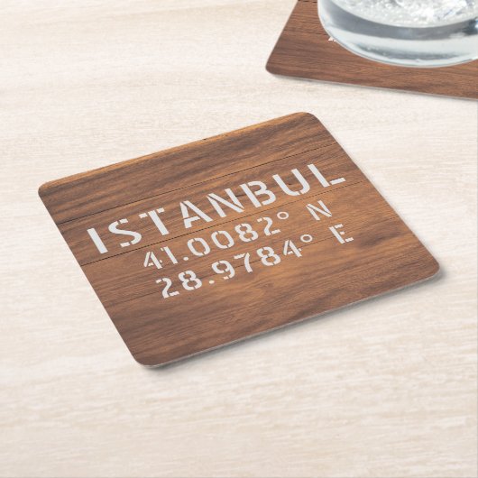 Istanbul Latitude & Longitude Dark Wood Kartonnen Onderzetters (Schuin)