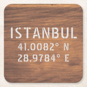 Istanbul Latitude & Longitude Dark Wood Kartonnen Onderzetters (Voorkant)