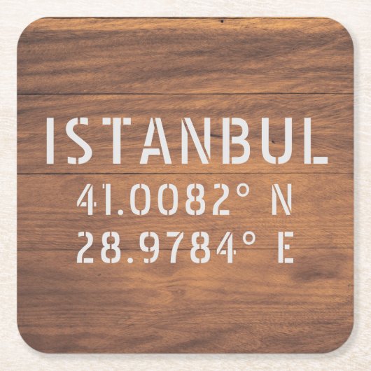 Istanbul Latitude & Longitude Dark Wood Kartonnen Onderzetters (Voorkant)