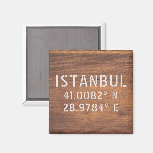 Istanbul Latitude & Longitude Dark Wood Magneet (Voorkant / Achterkant)