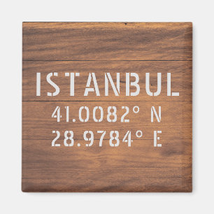 Istanbul Latitude & Longitude Dark Wood Magneet