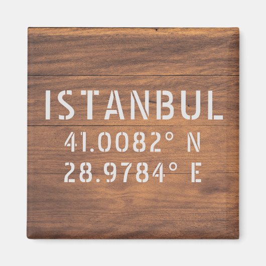 Istanbul Latitude & Longitude Dark Wood Magneet (Voorkant)
