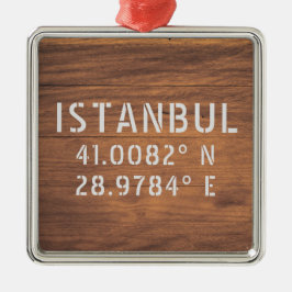 Istanbul Latitude & Longitude Dark Wood Metalen Ornament