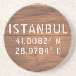 Istanbul Latitude & Longitude Dark Wood Zandsteen Onderzetter